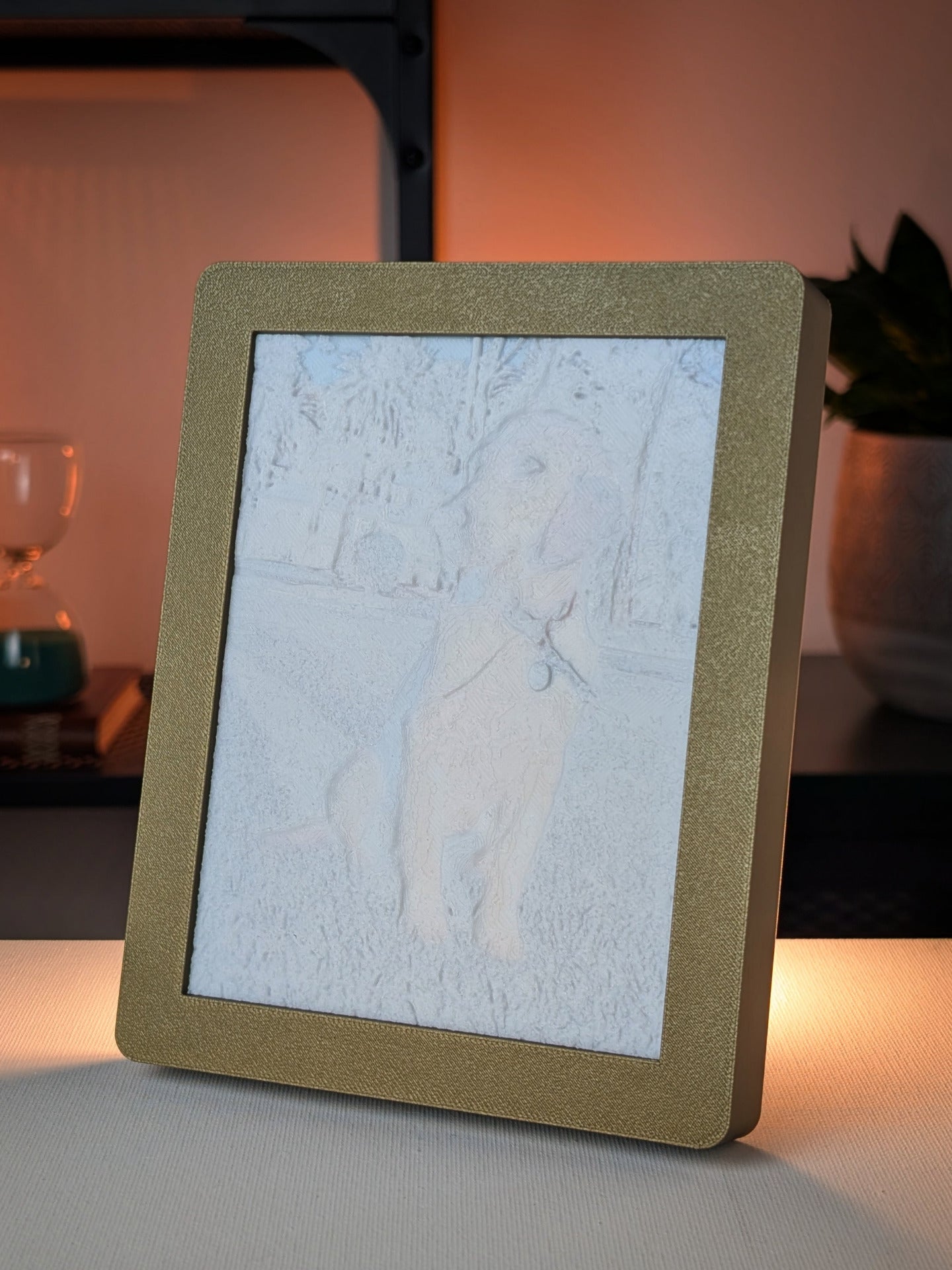 foto 3D de uma cadela (desligada) com moldura dourada